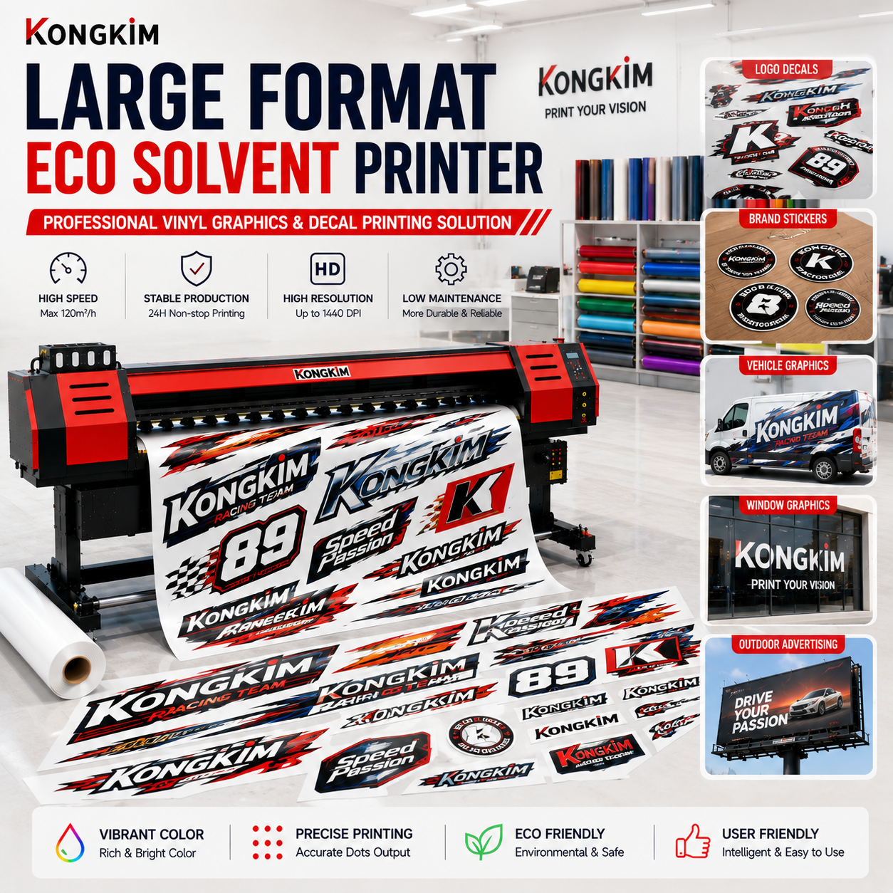 Large Format Eco Solvent Printer and Cutting plotter For Logo Decals Vehicle Graphics Car Wrap Vinyl Sticker Printing
